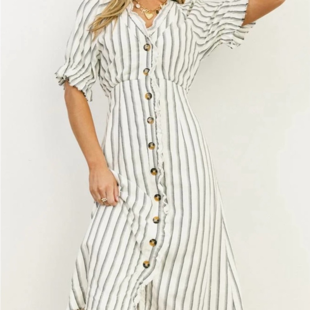 Women’s Cream & Black Striped Midi Dress with Button Front by Bohme size medium